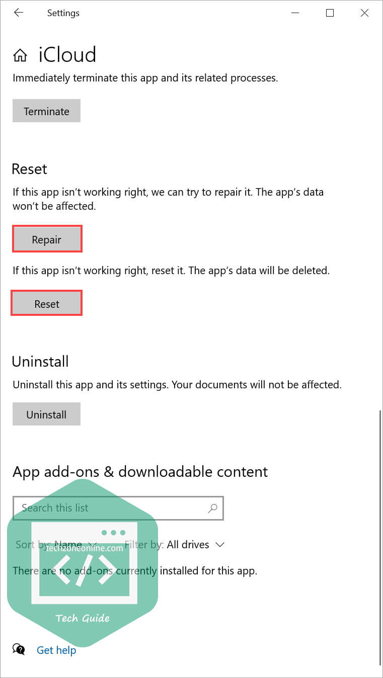 reset & repair app in Windows 10