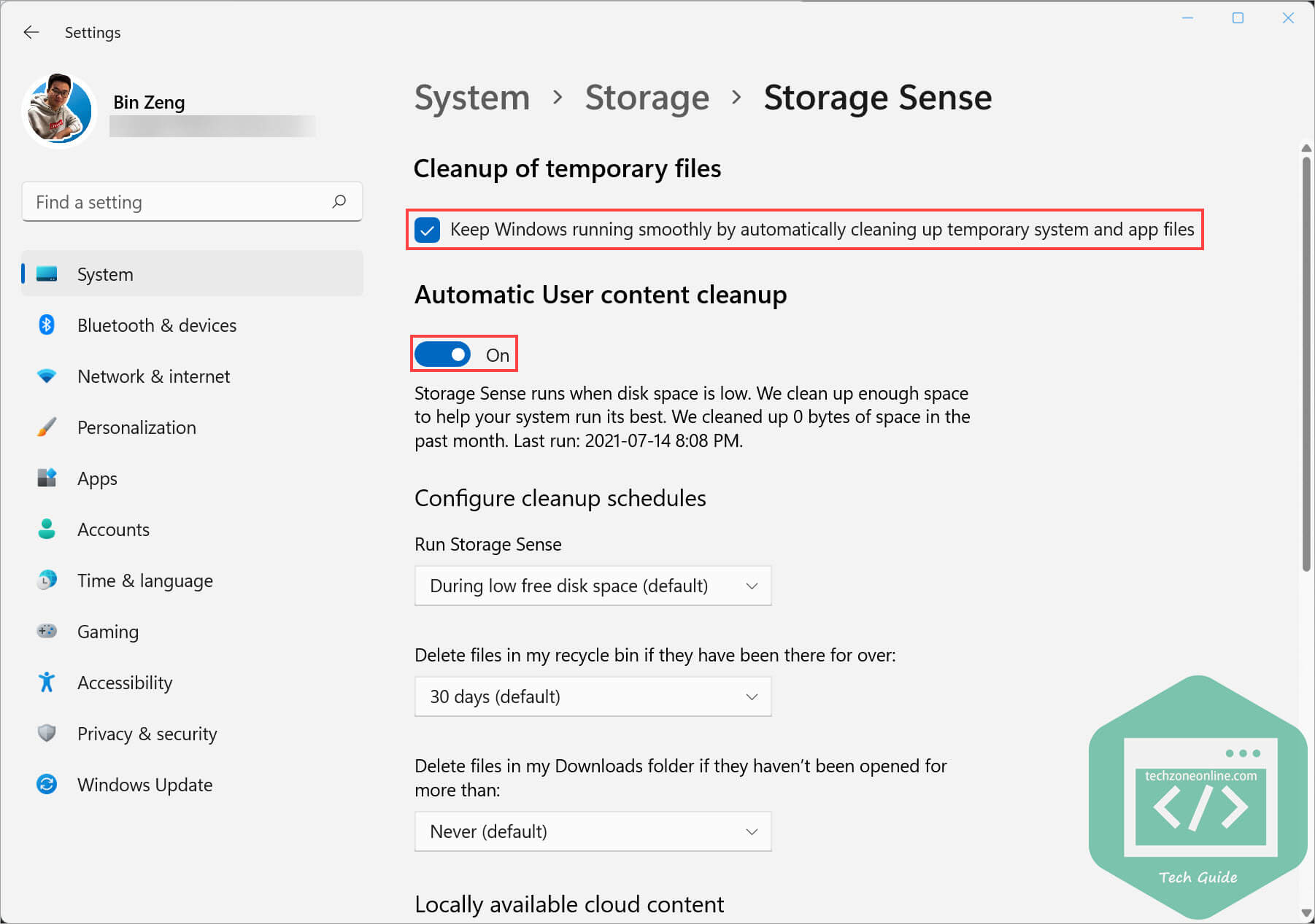 Storage Sense in Windows Settings