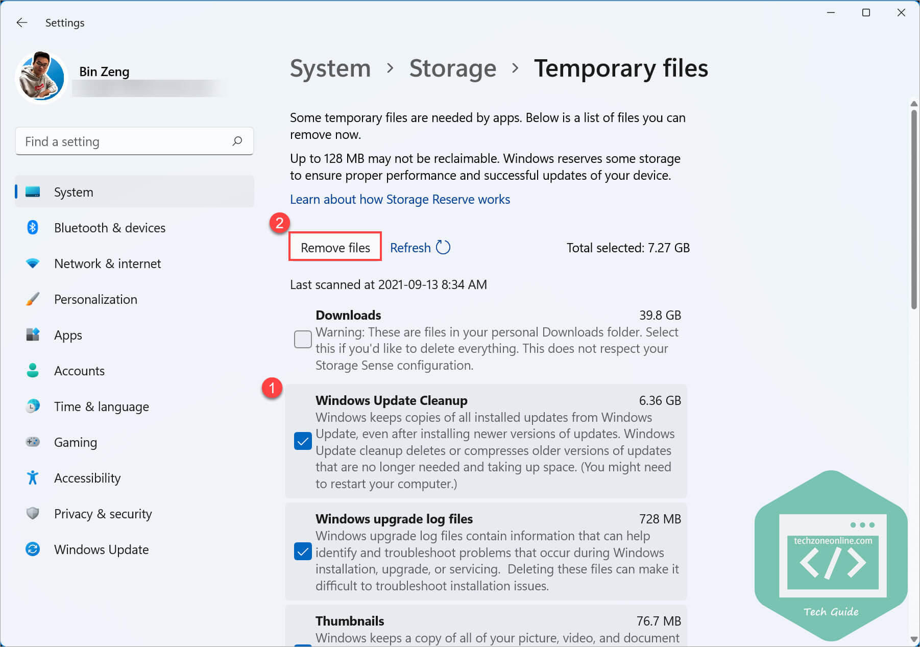The Windows Settings Temporary files remove files