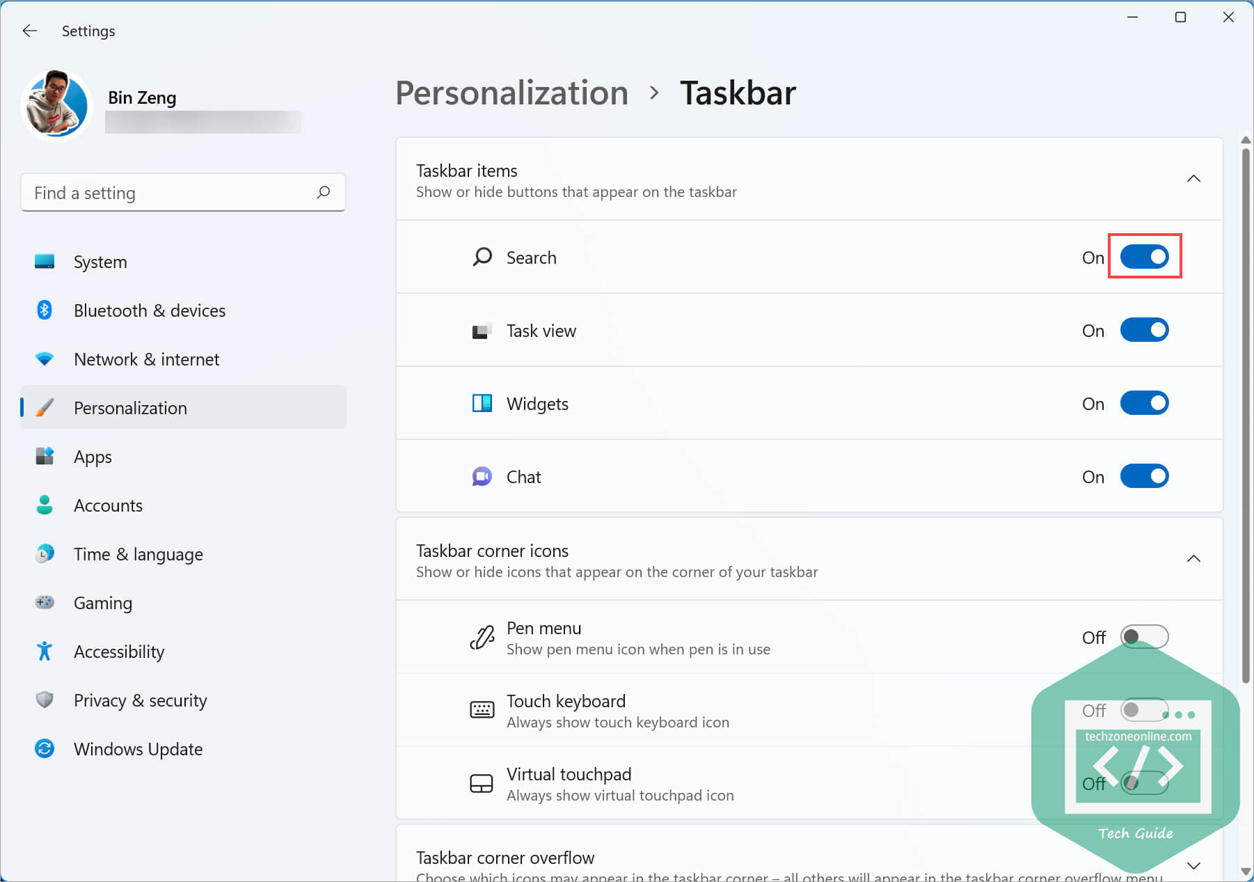 Windows 11 enable Search button in Taskbar