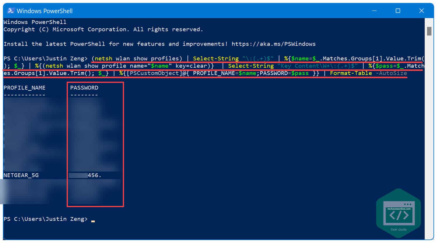 run command to view saved wi-fi password in powershell