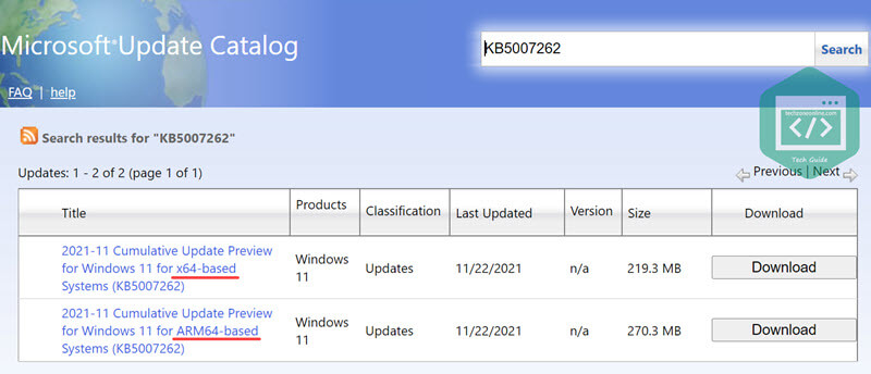 Microsoft Update Catalog search results page 1